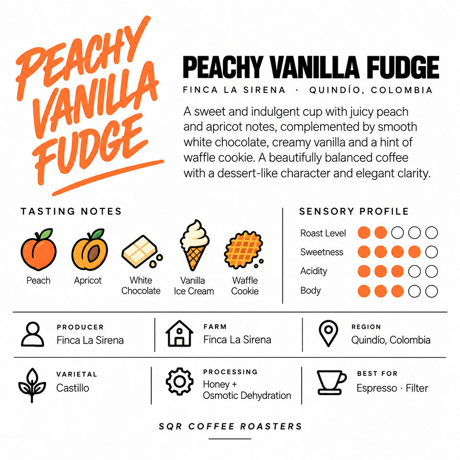 Kawa specialty Kolumbia Peachy Vanilla Fudge – SQR | brzoskwinia, morela, biała czekolada, lody waniliowe